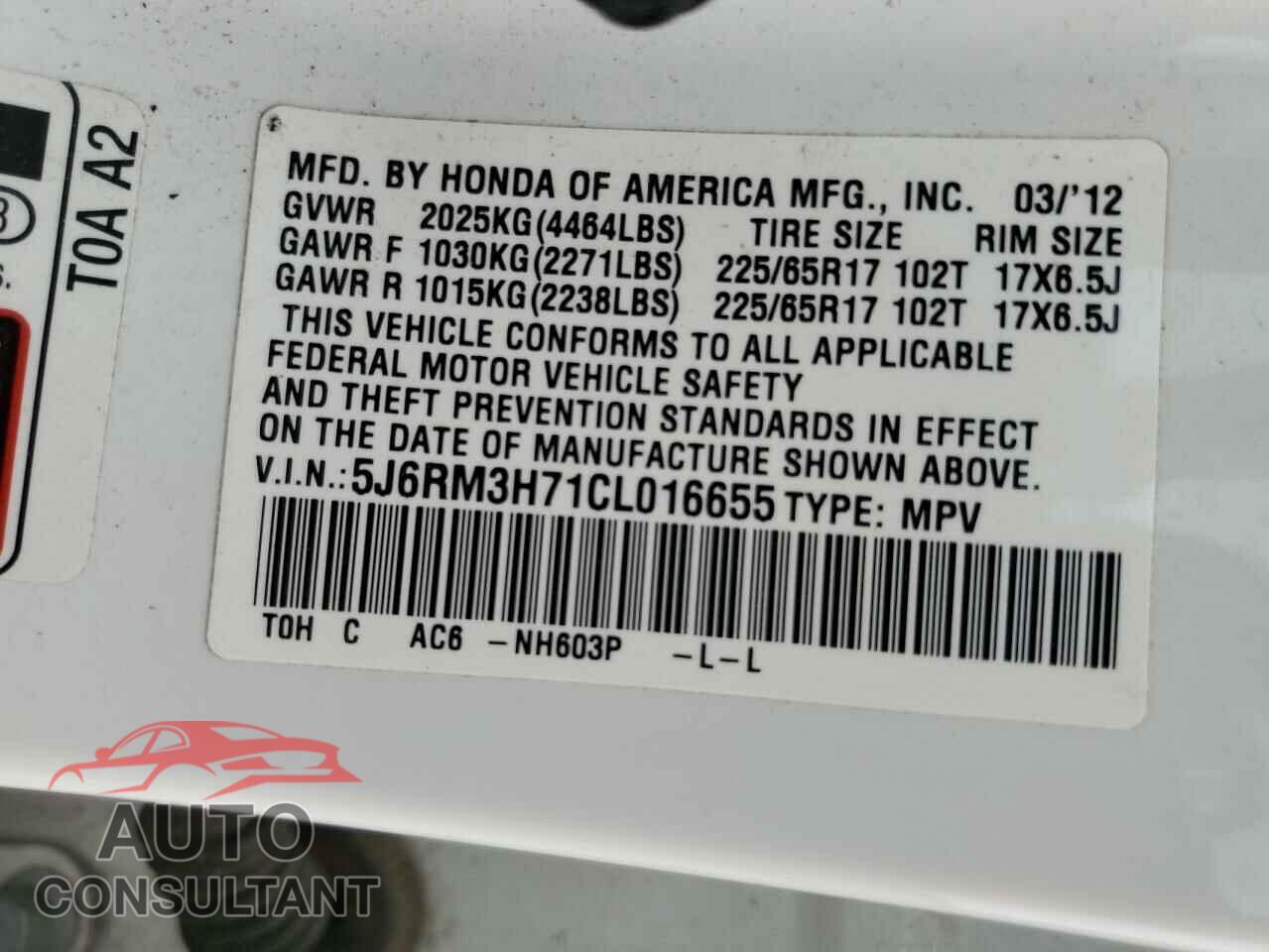HONDA CRV 2012 - 5J6RM3H71CL016655