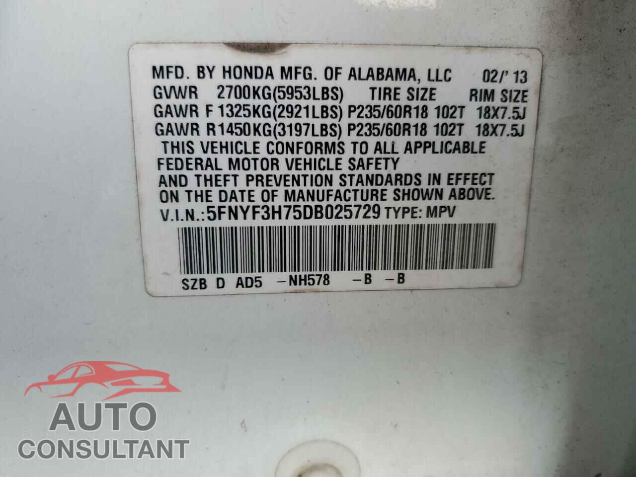 HONDA PILOT 2013 - 5FNYF3H75DB025729