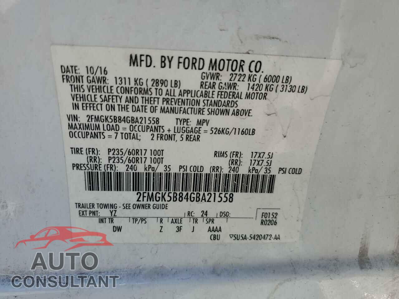 FORD FLEX 2016 - 2FMGK5B84GBA21558