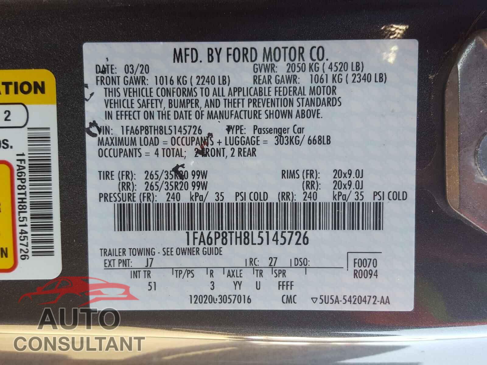 FORD MUSTANG 2020 - 1FA6P8TH8L5145726