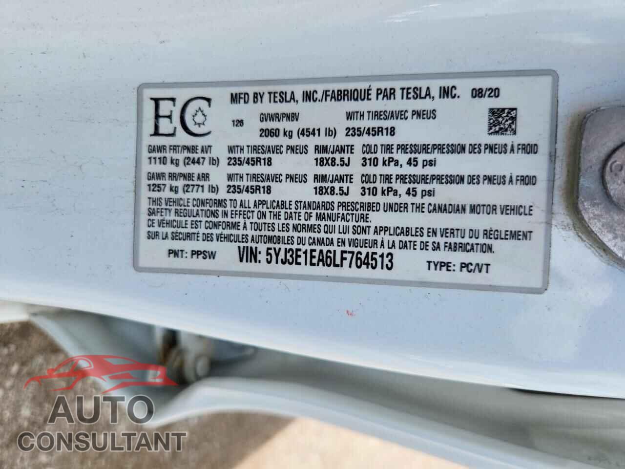TESLA MODEL 3 2020 - 5YJ3E1EA6LF764513