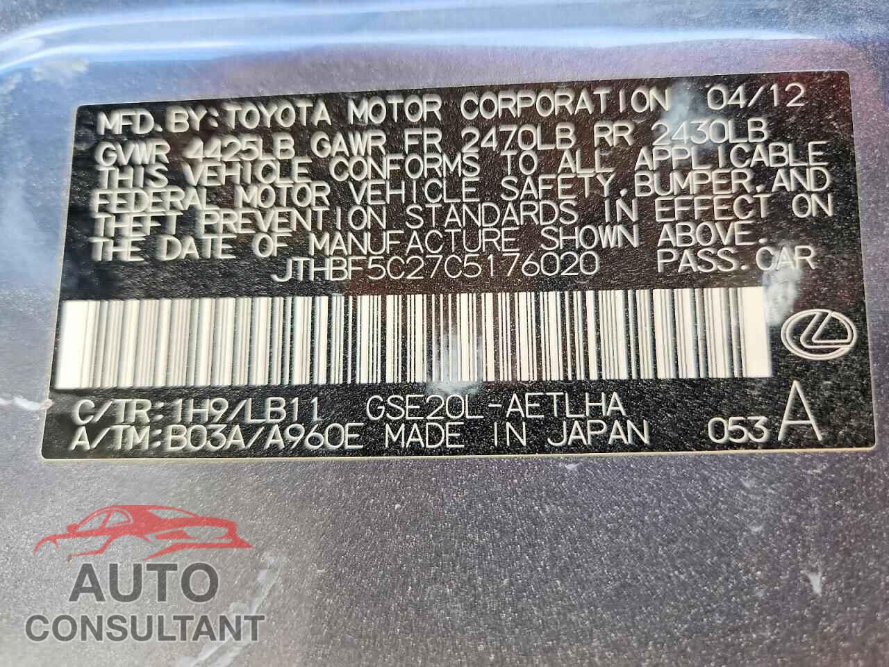 LEXUS IS 2012 - JTHBF5C27C5176020