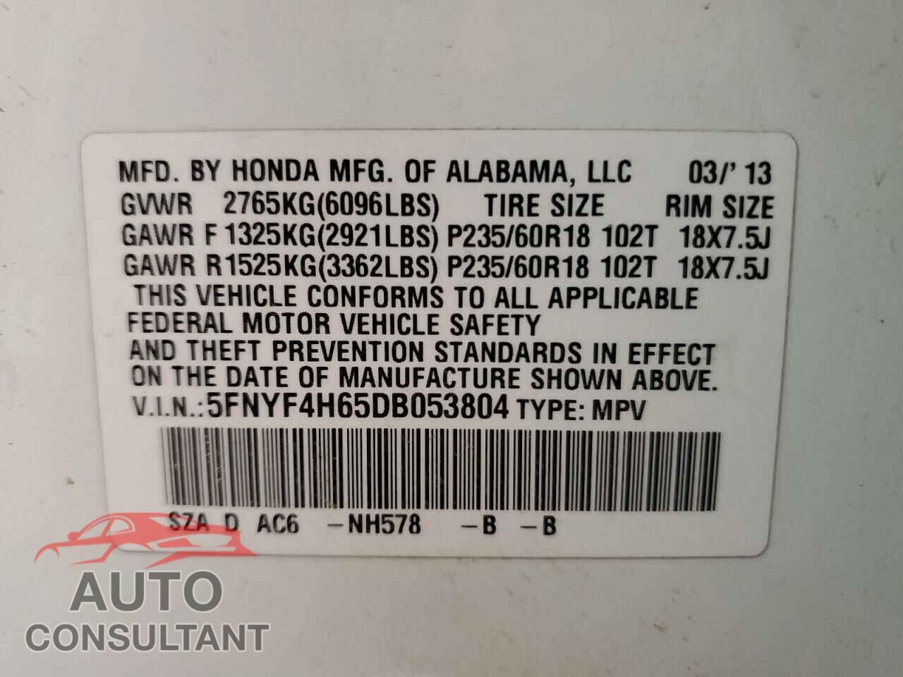 HONDA PILOT 2013 - 5FNYF4H65DB053804