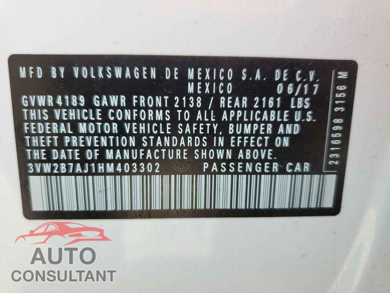 VOLKSWAGEN JETTA 2017 - 3VW2B7AJ1HM403302