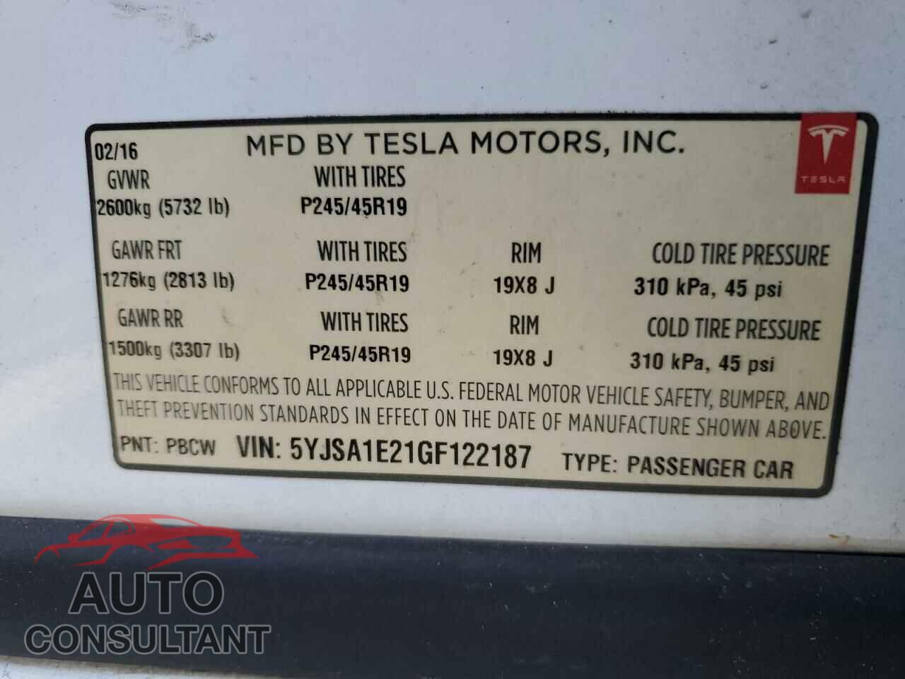 TESLA MODEL S 2016 - 5YJSA1E21GF122187