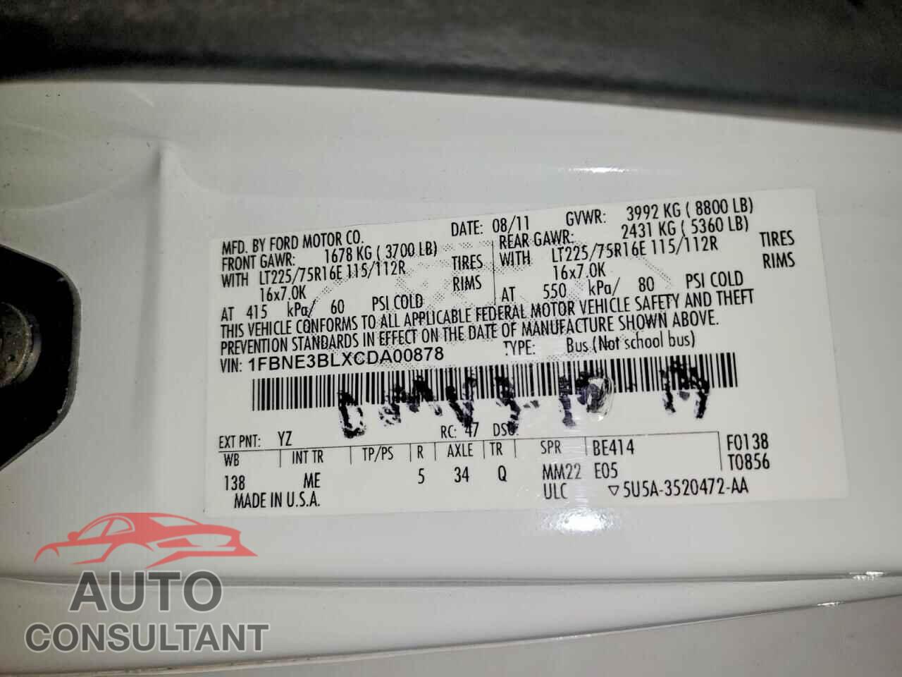 FORD ECONOLINE 2012 - 1FBNE3BLXCDA00878