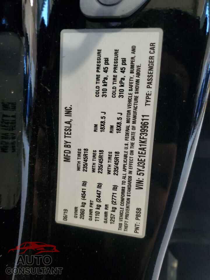 TESLA MODEL 3 2019 - 5YJ3E1EA1KF399611
