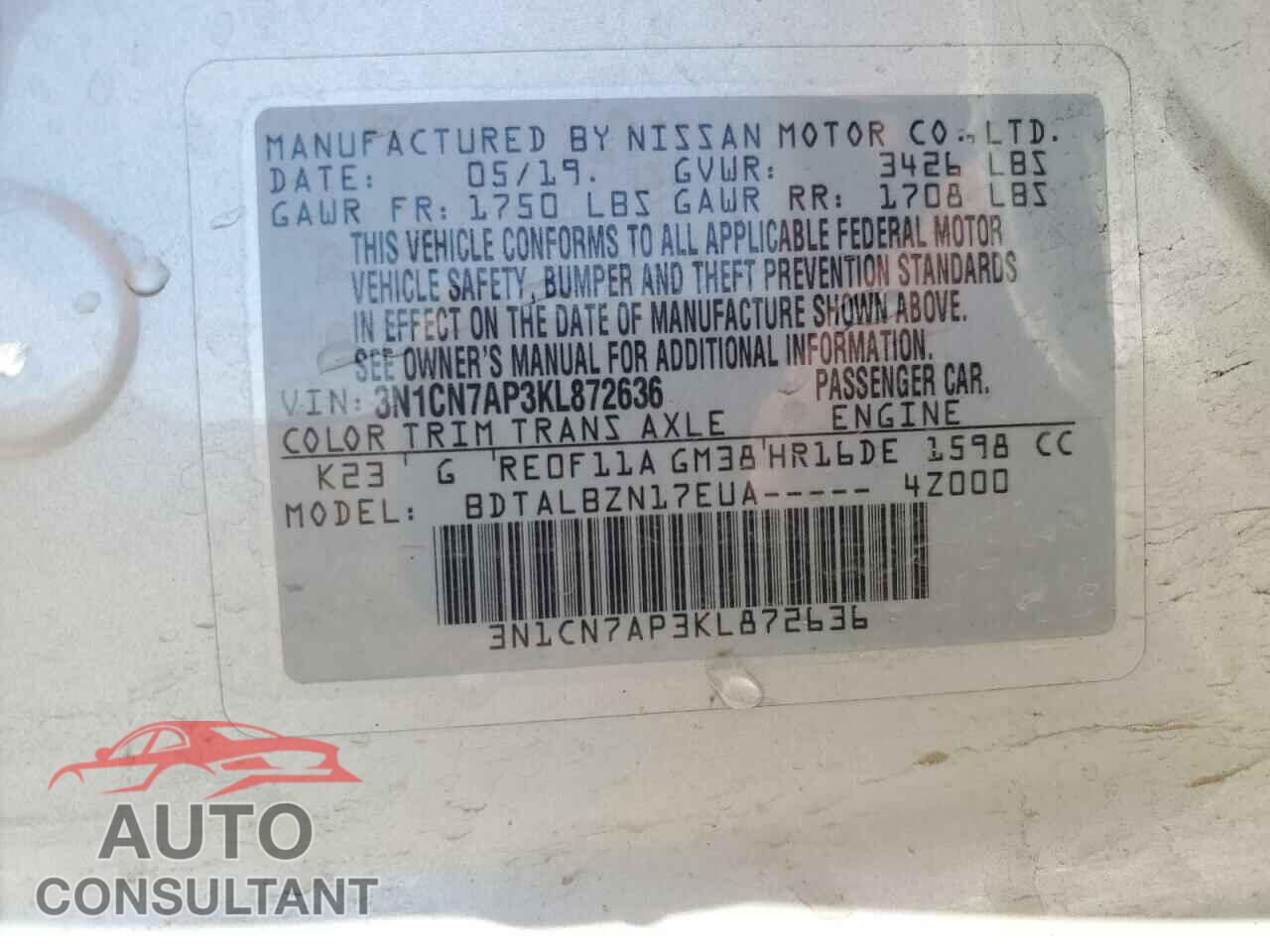 NISSAN VERSA 2019 - 3N1CN7AP3KL872636
