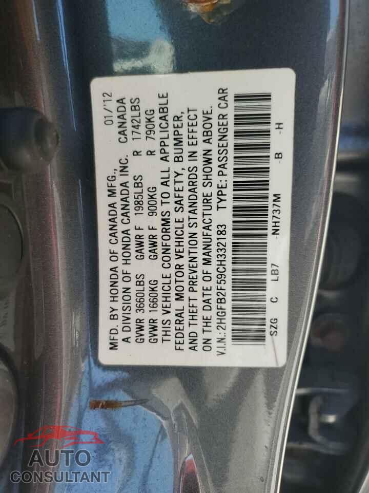 HONDA CIVIC 2012 - 2HGFB2F59CH332183
