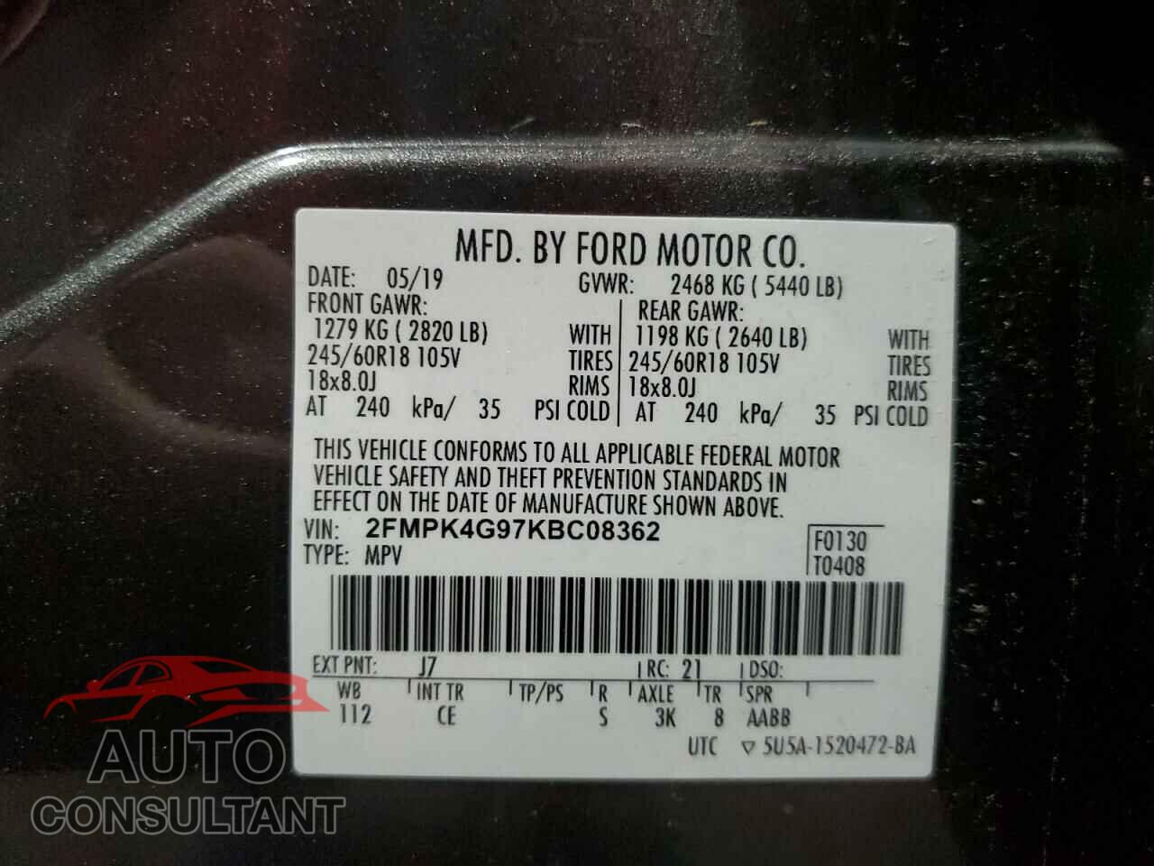 FORD EDGE 2019 - 2FMPK4G97KBC08362