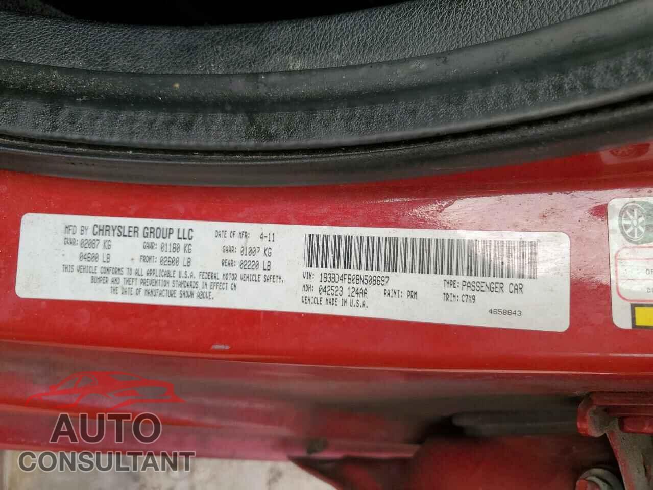 DODGE AVENGER 2011 - 1B3BD4FB0BN508697