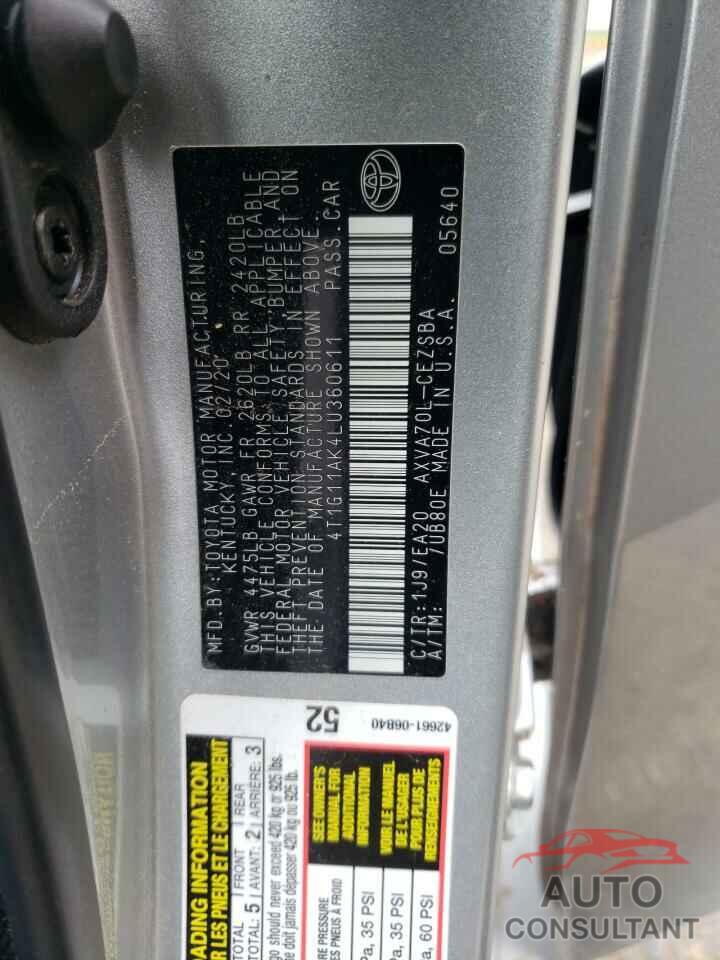 TOYOTA CAMRY 2020 - 4T1G11AK4LU360611