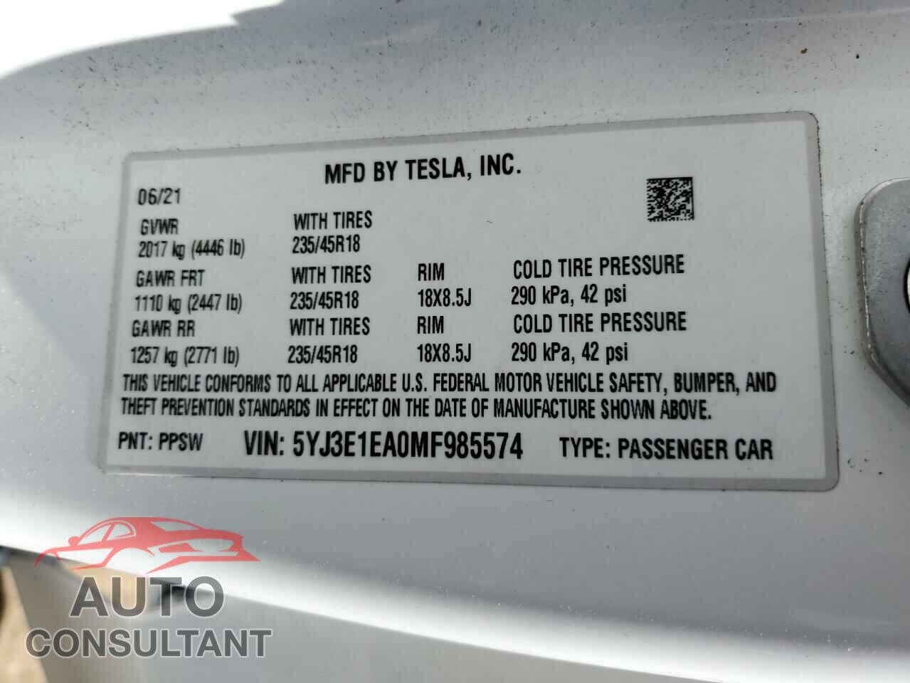 TESLA MODEL 3 2021 - 5YJ3E1EA0MF985574