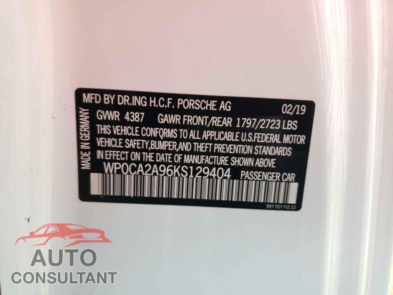 PORSCHE 911 2019 - WP0CA2A96KS129404