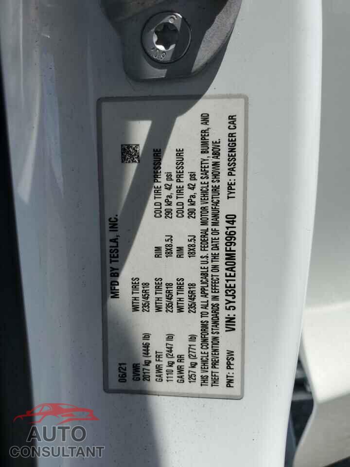 TESLA MODEL 3 2021 - 5YJ3E1EA0MF996140