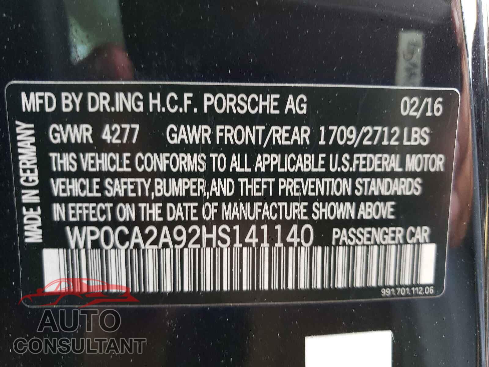 PORSCHE 911 2017 - WP0CA2A92HS141140