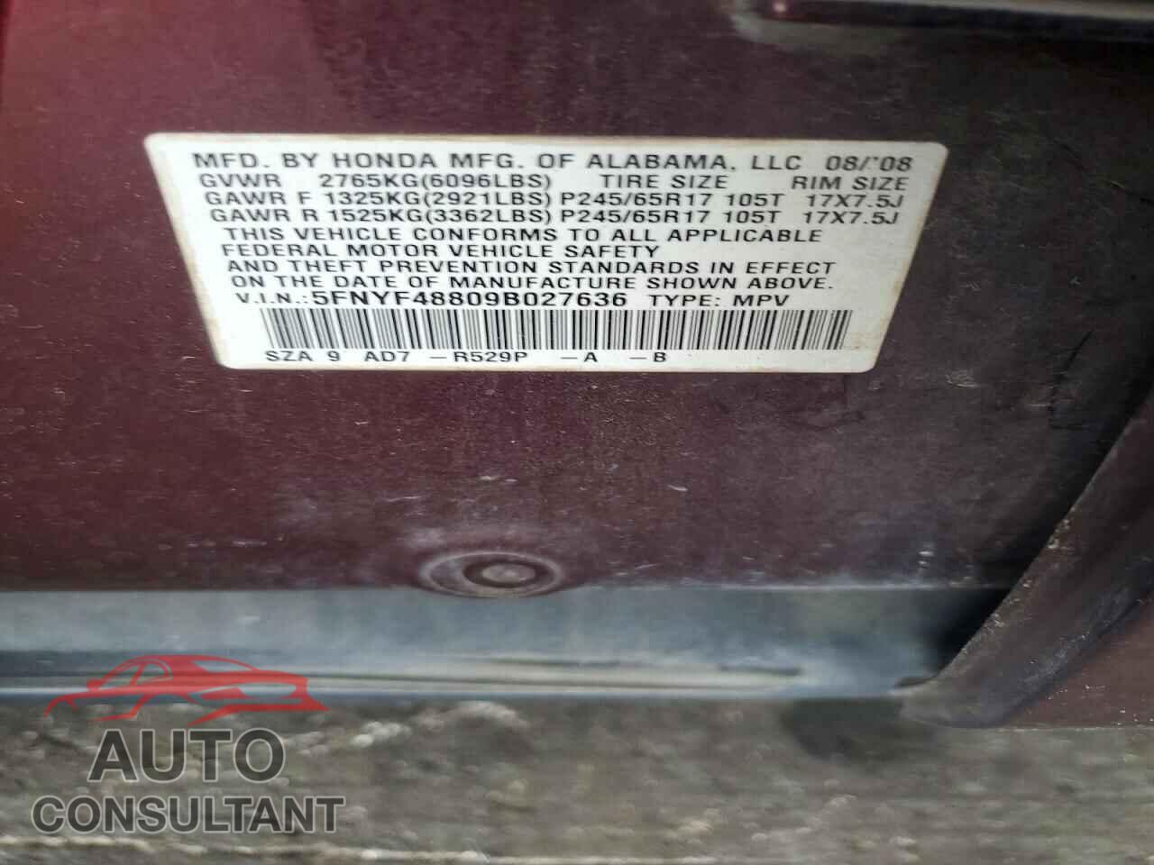 HONDA PILOT 2009 - 5FNYF48809B027636