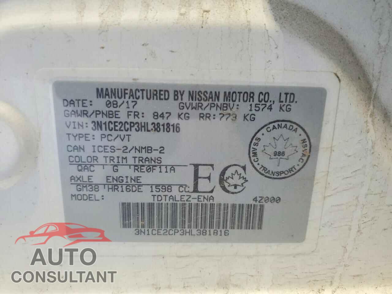 NISSAN VERSA 2017 - 3N1CE2CP3HL381816