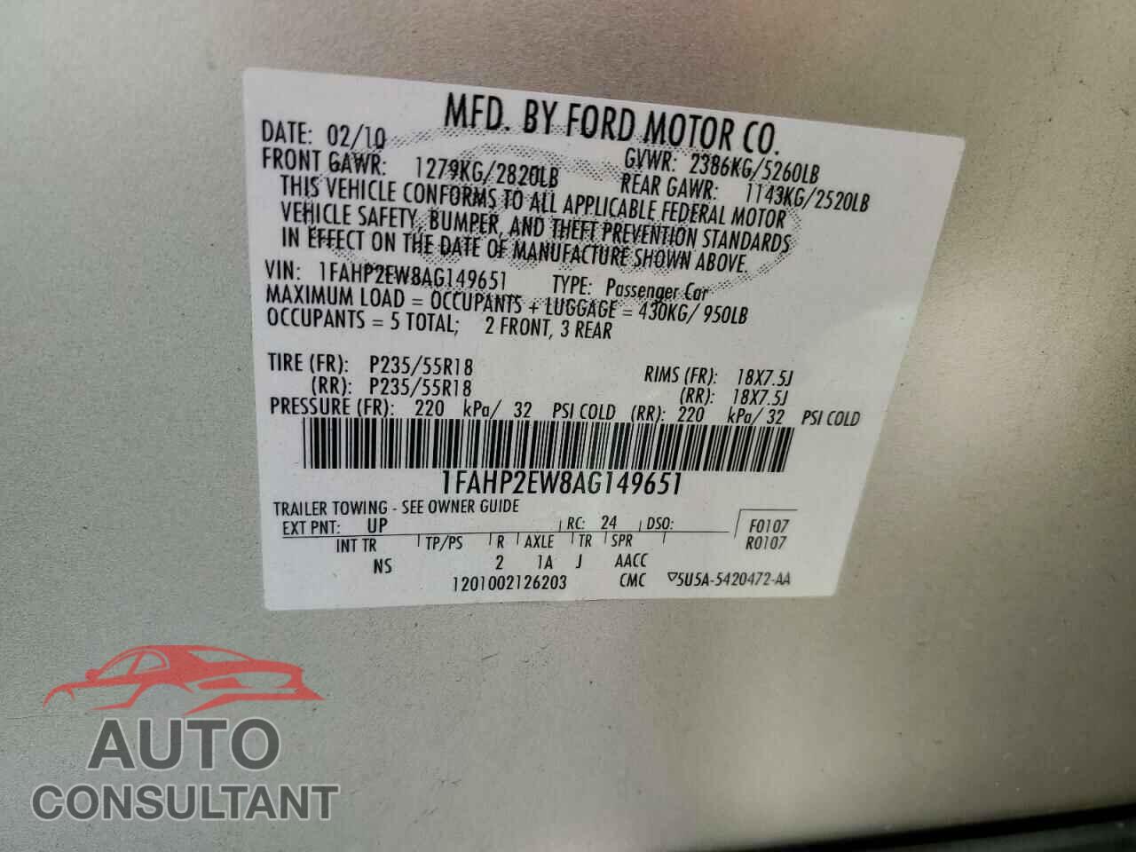 FORD TAURUS 2010 - 1FAHP2EW8AG149651
