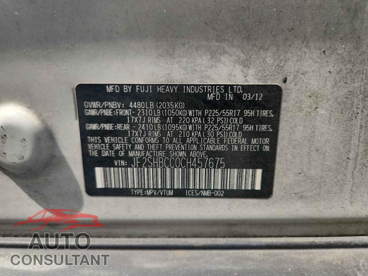 SUBARU FORESTER 2012 - JF2SHBCC0CH457675