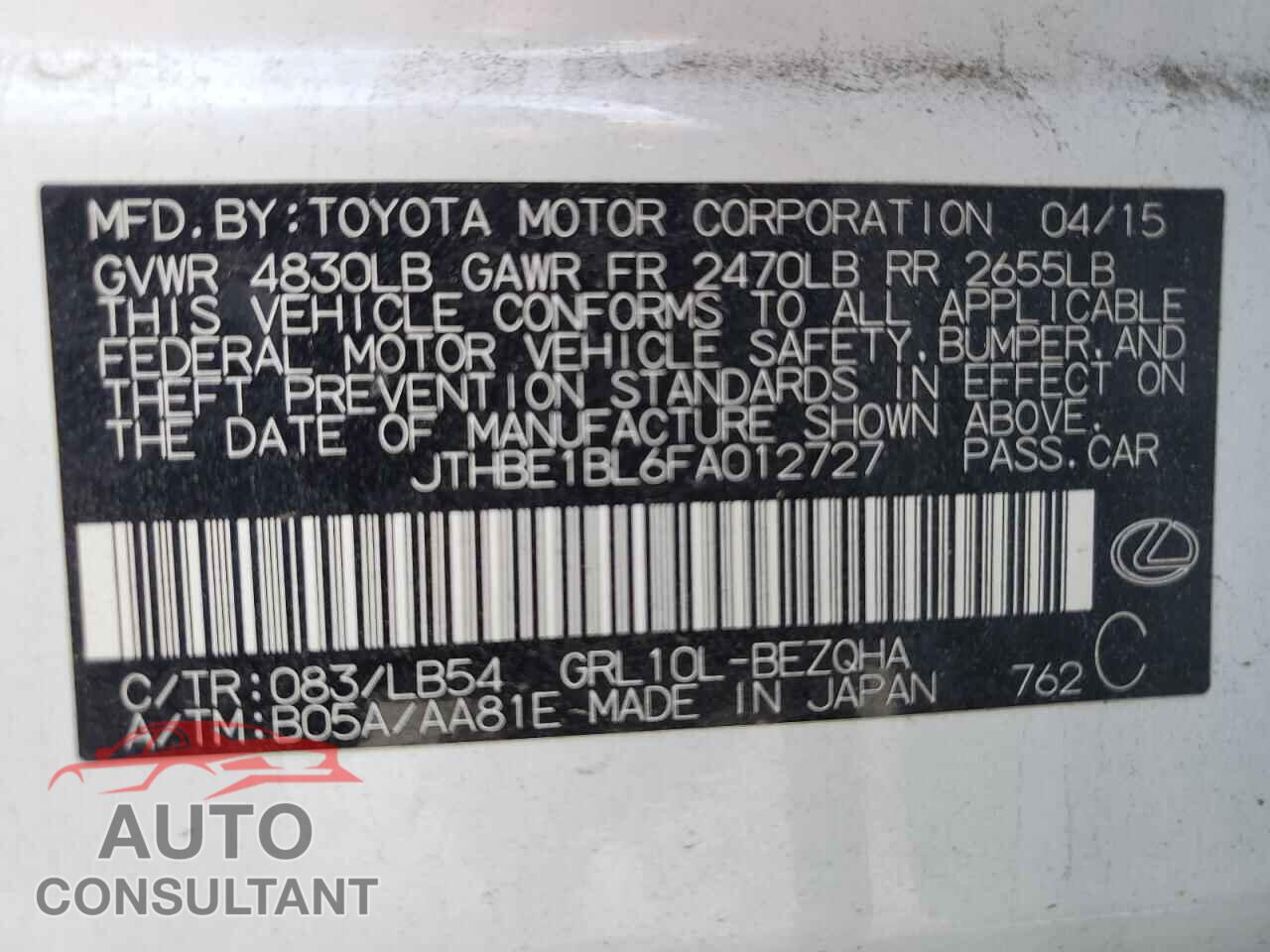LEXUS GS350 2015 - JTHBE1BL6FA012727