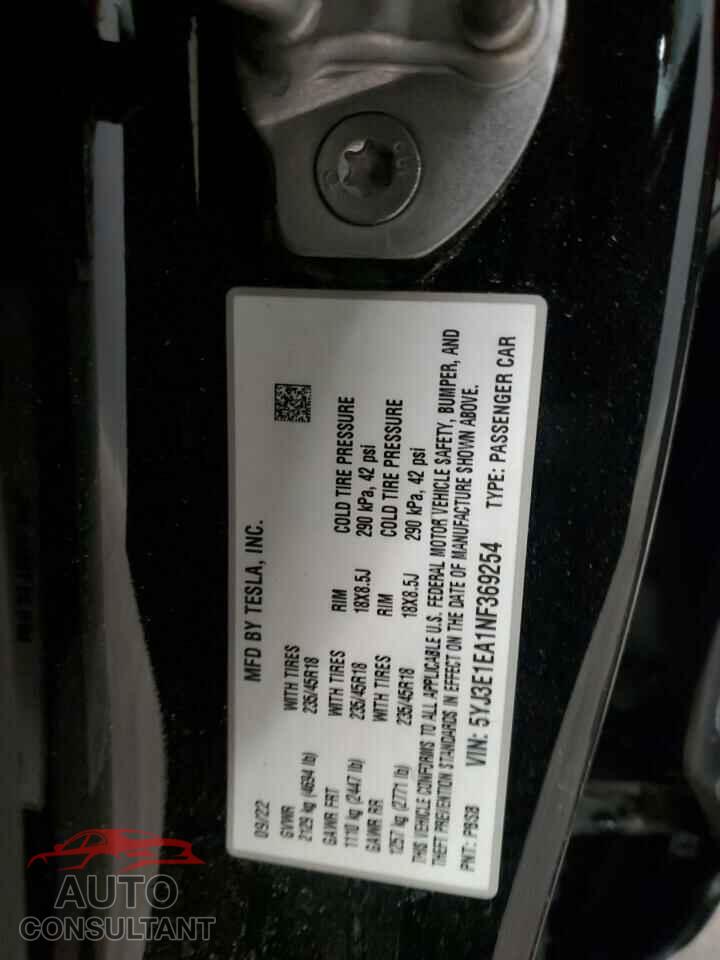TESLA MODEL 3 2022 - 5YJ3E1EA1NF369254
