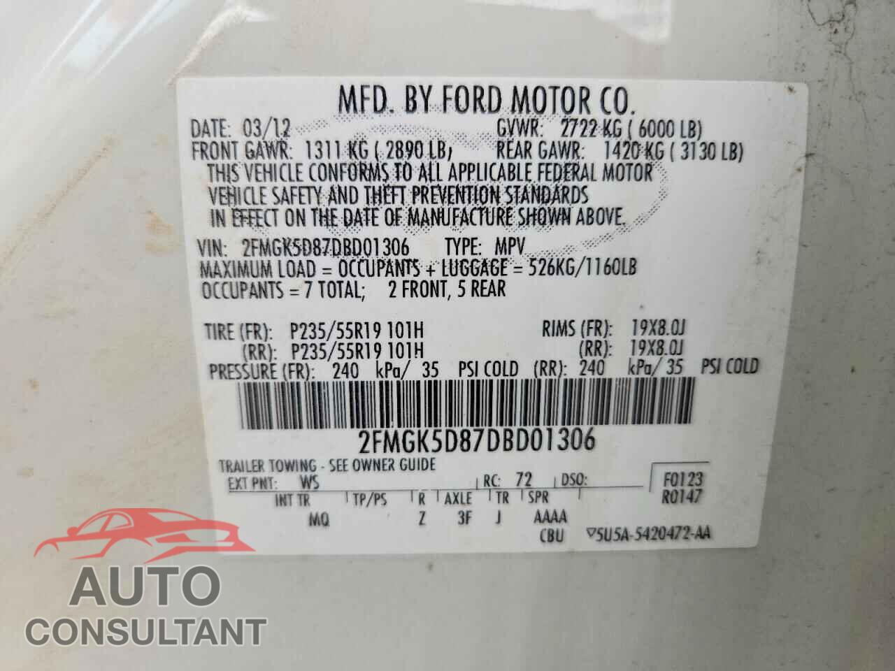 FORD FLEX 2013 - 2FMGK5D87DBD01306
