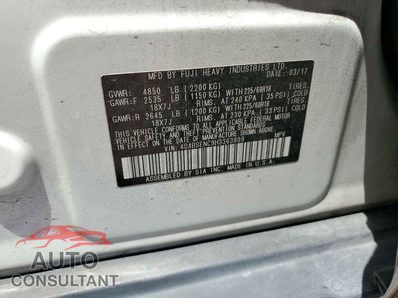 SUBARU OUTBACK 2017 - 4S4BSENC9H3363809