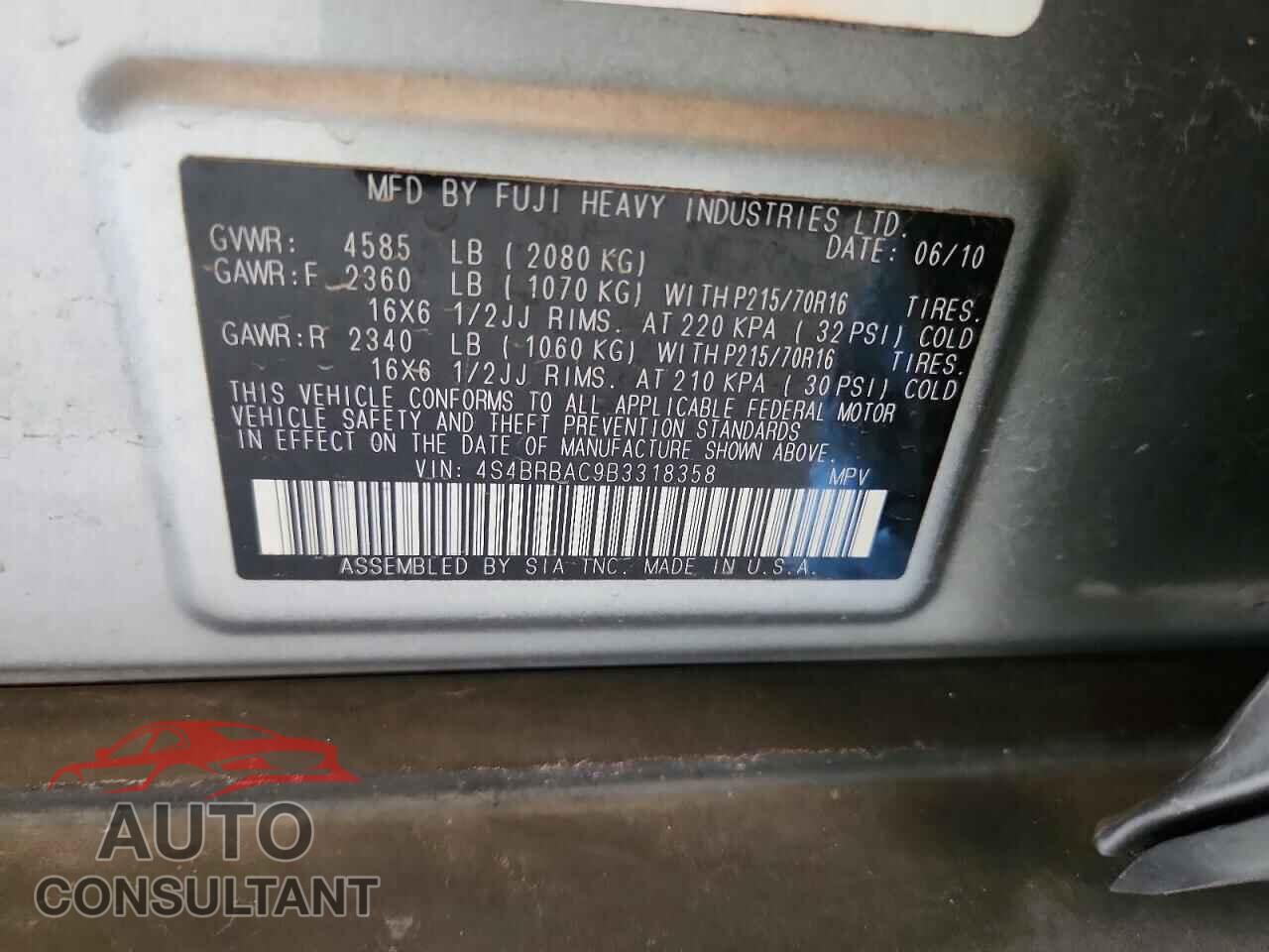 SUBARU OUTBACK 2011 - 4S4BRBAC9B3318358