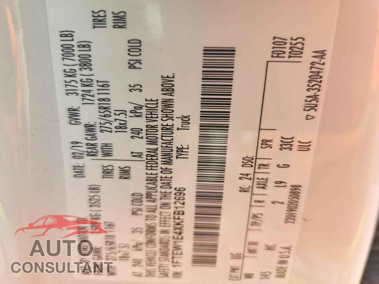 FORD UNKNOWN 2019 - 1FTEW1E4XKFB12696