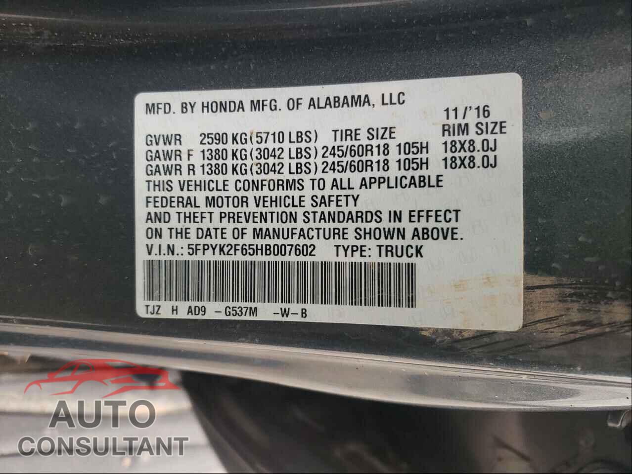 HONDA RIDGELINE 2017 - 5FPYK2F65HB007602