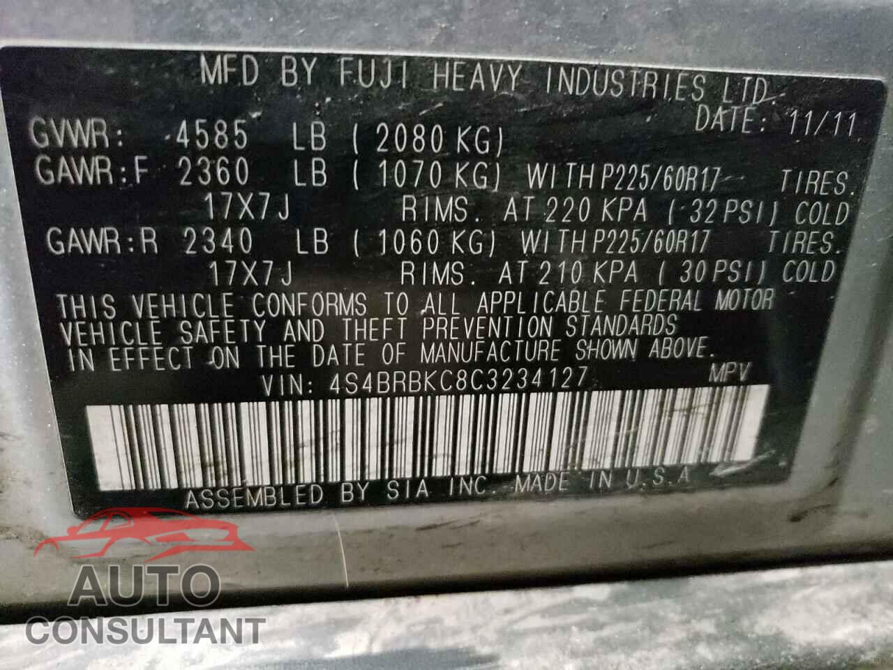 SUBARU OUTBACK 2012 - 4S4BRBKC8C3234127