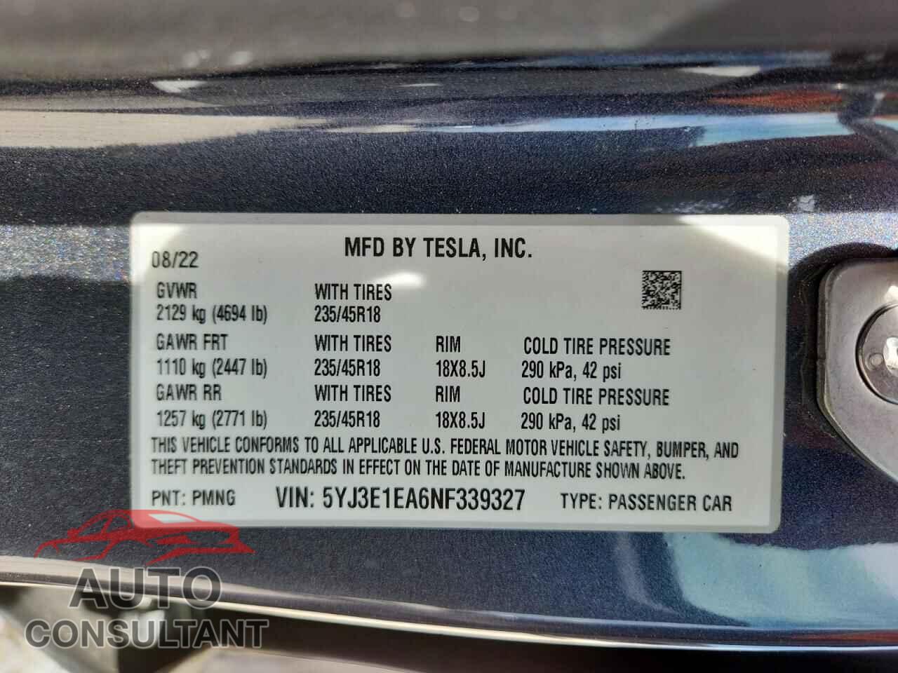 TESLA MODEL 3 2022 - 5YJ3E1EA6NF339327