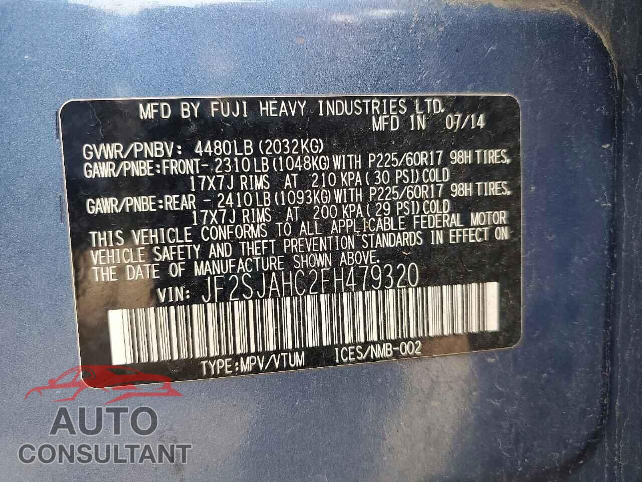 SUBARU FORESTER 2015 - JF2SJAHC2FH479320