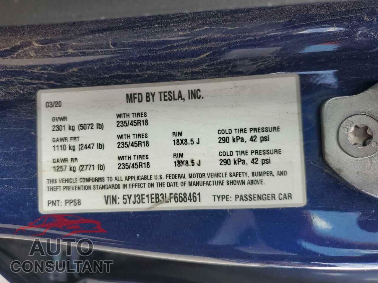 TESLA MODEL 3 2020 - 5YJ3E1EB3LF668461