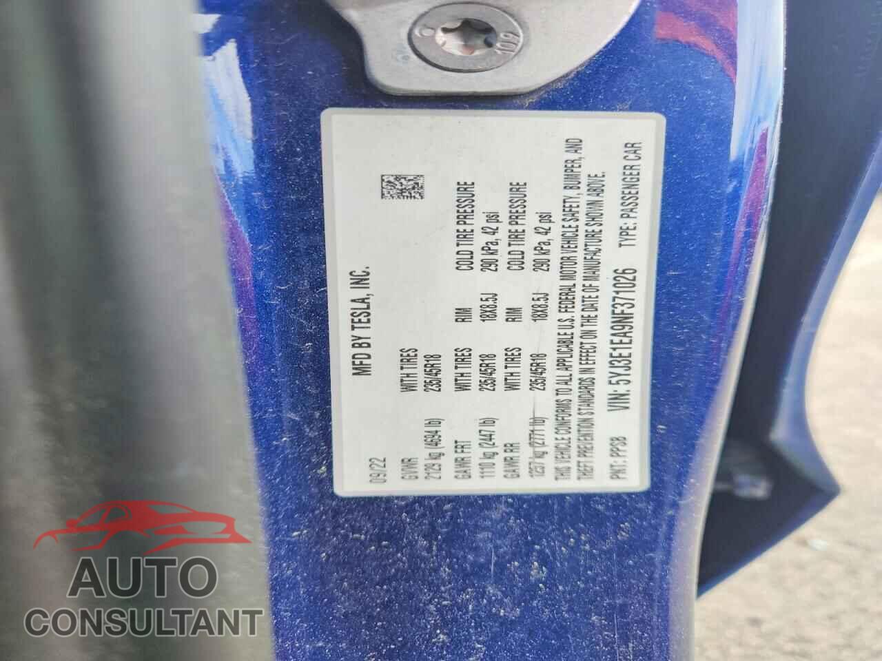TESLA MODEL 3 2022 - 5YJ3E1EA9NF371026