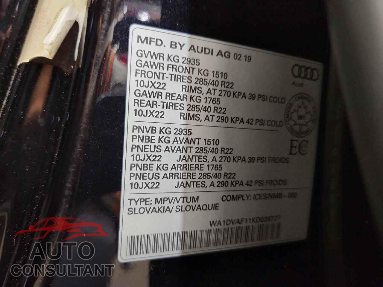 AUDI Q8 2019 - WA1DVAF11KD028727
