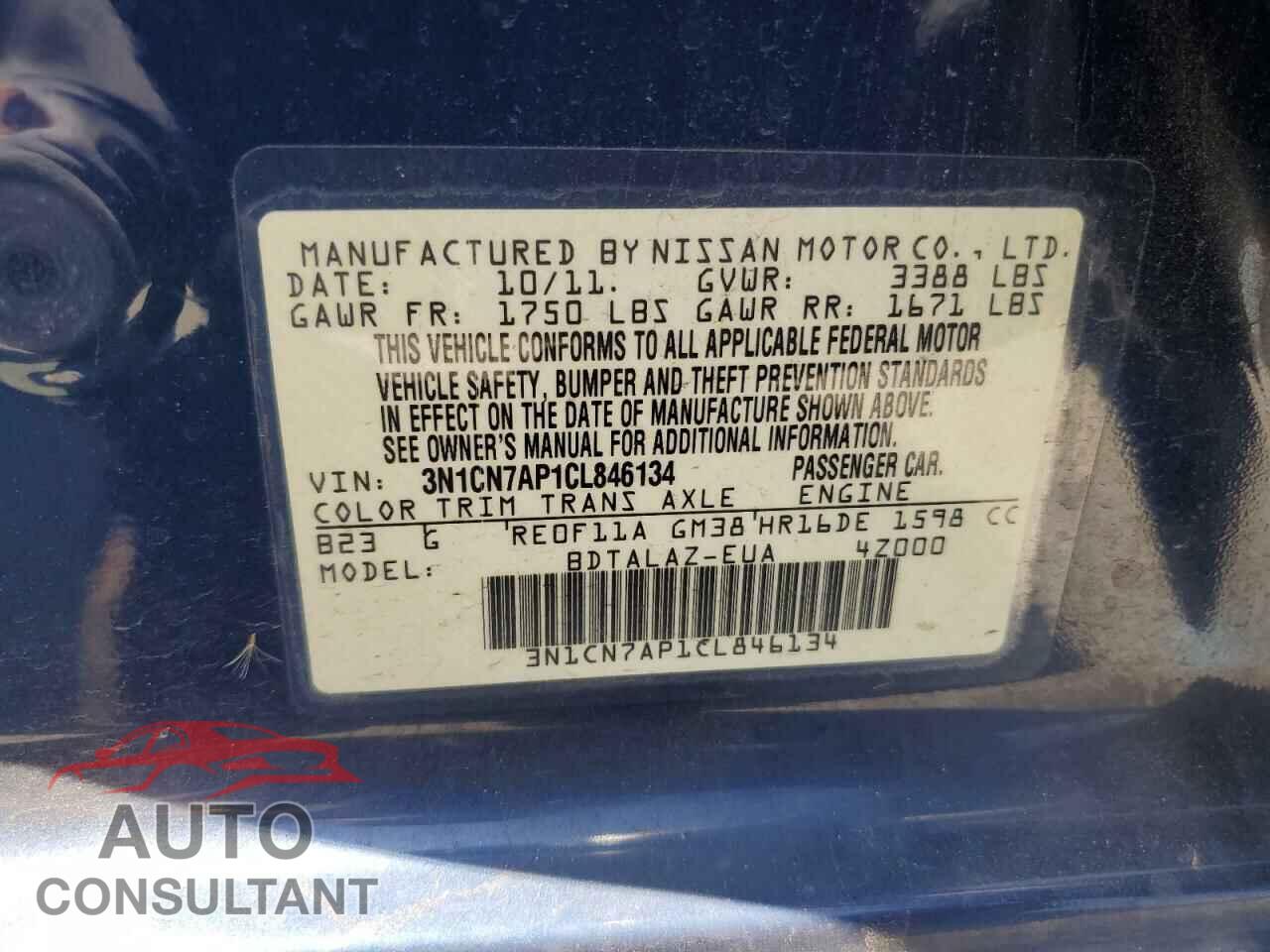 NISSAN VERSA 2012 - 3N1CN7AP1CL846134