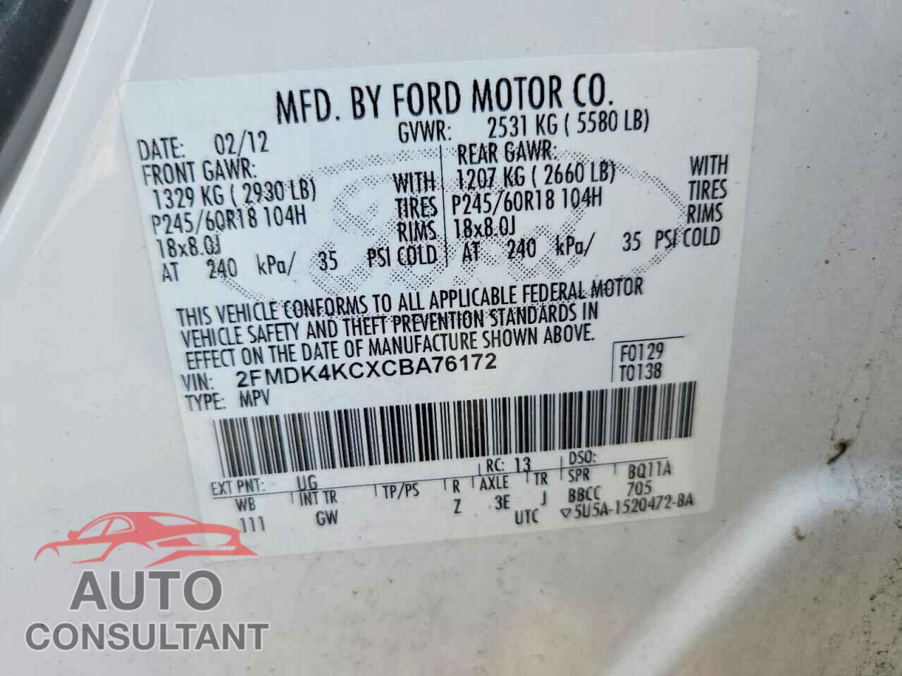 FORD EDGE 2012 - 2FMDK4KCXCBA76172