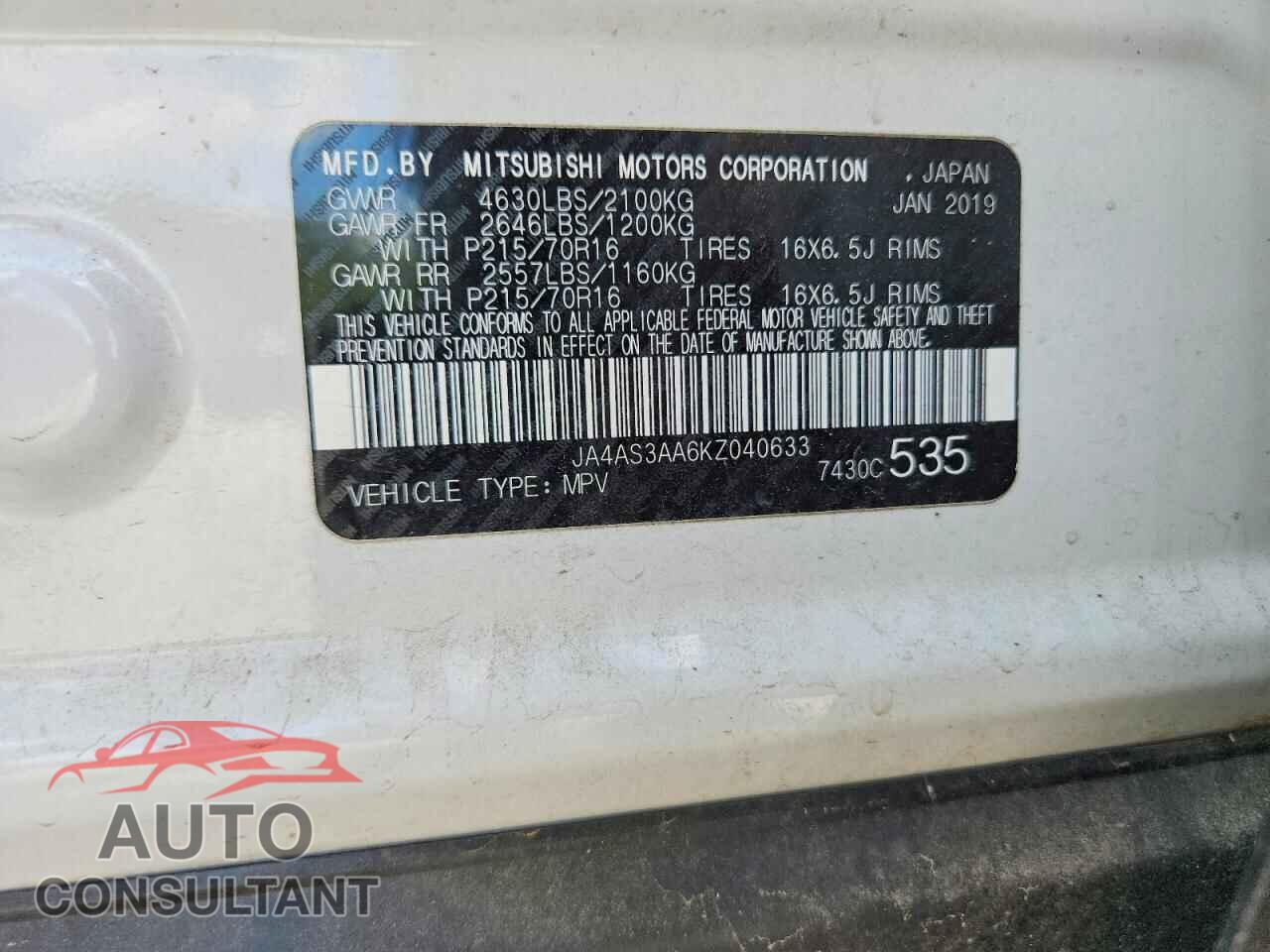 MITSUBISHI ECLIPSE 2019 - JA4AS3AA6KZ040633