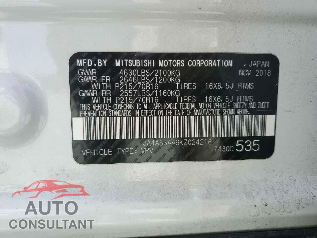 MITSUBISHI ECLIPSE 2019 - JA4AS3AA9KZ024216