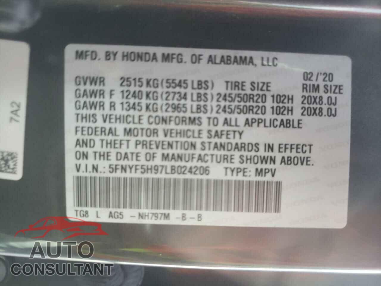 HONDA PILOT 2020 - 5FNYF5H97LB024206