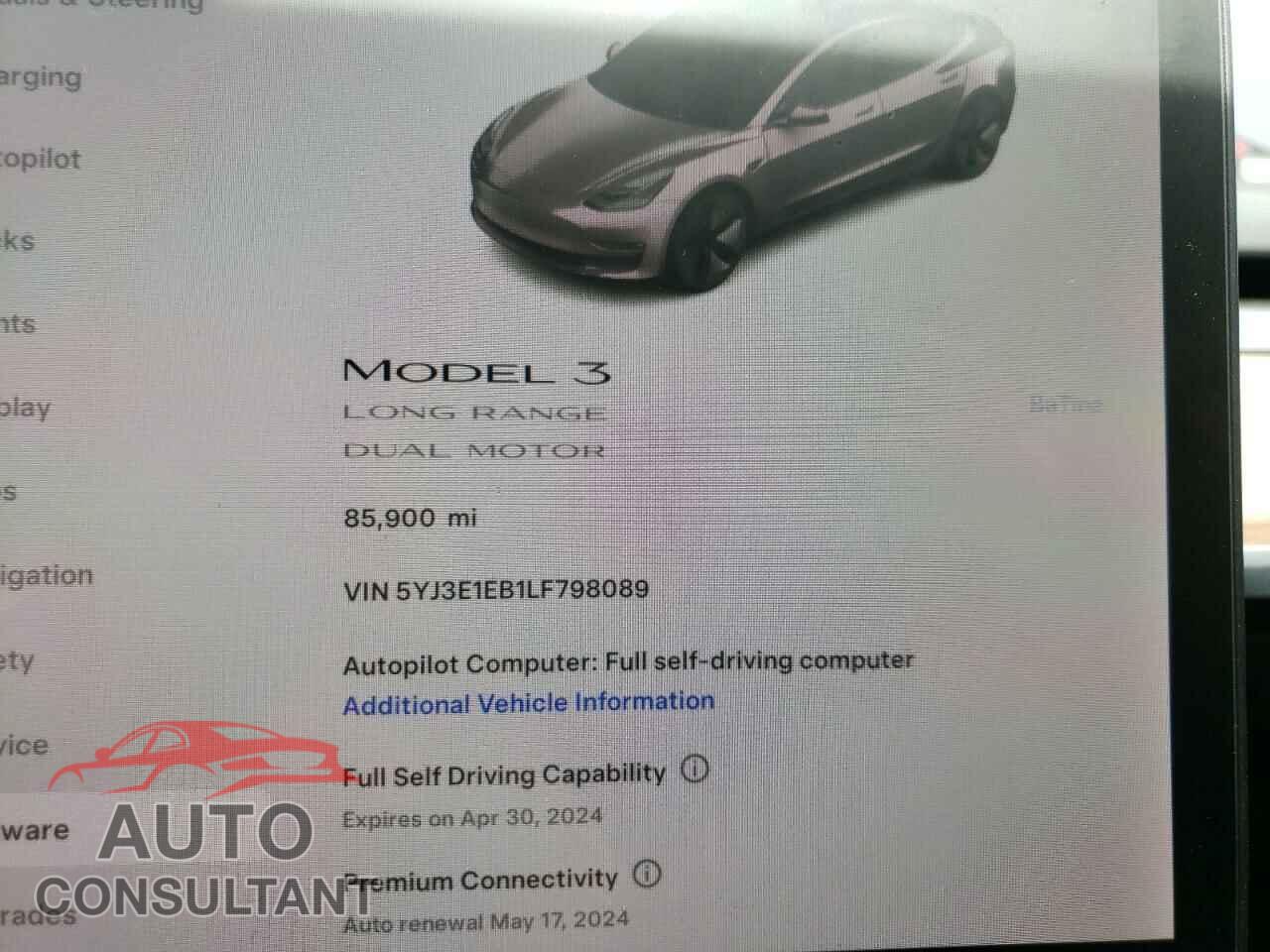 TESLA MODEL 3 2020 - 5YJ3E1EB1LF798089