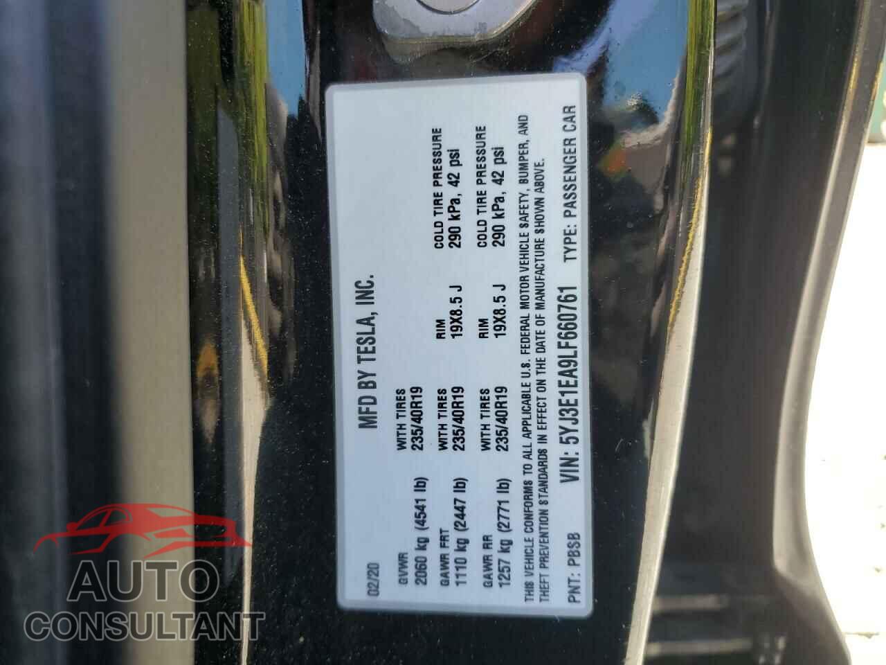 TESLA MODEL 3 2020 - 5YJ3E1EA9LF660761