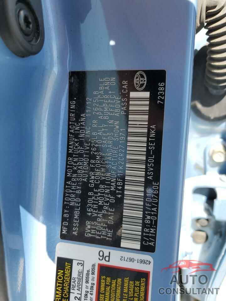TOYOTA CAMRY 2012 - 4T4BF1FK2CR271971