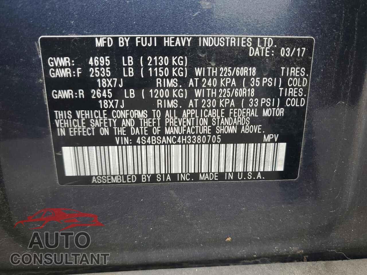 SUBARU OUTBACK 2017 - 4S4BSANC4H3380705