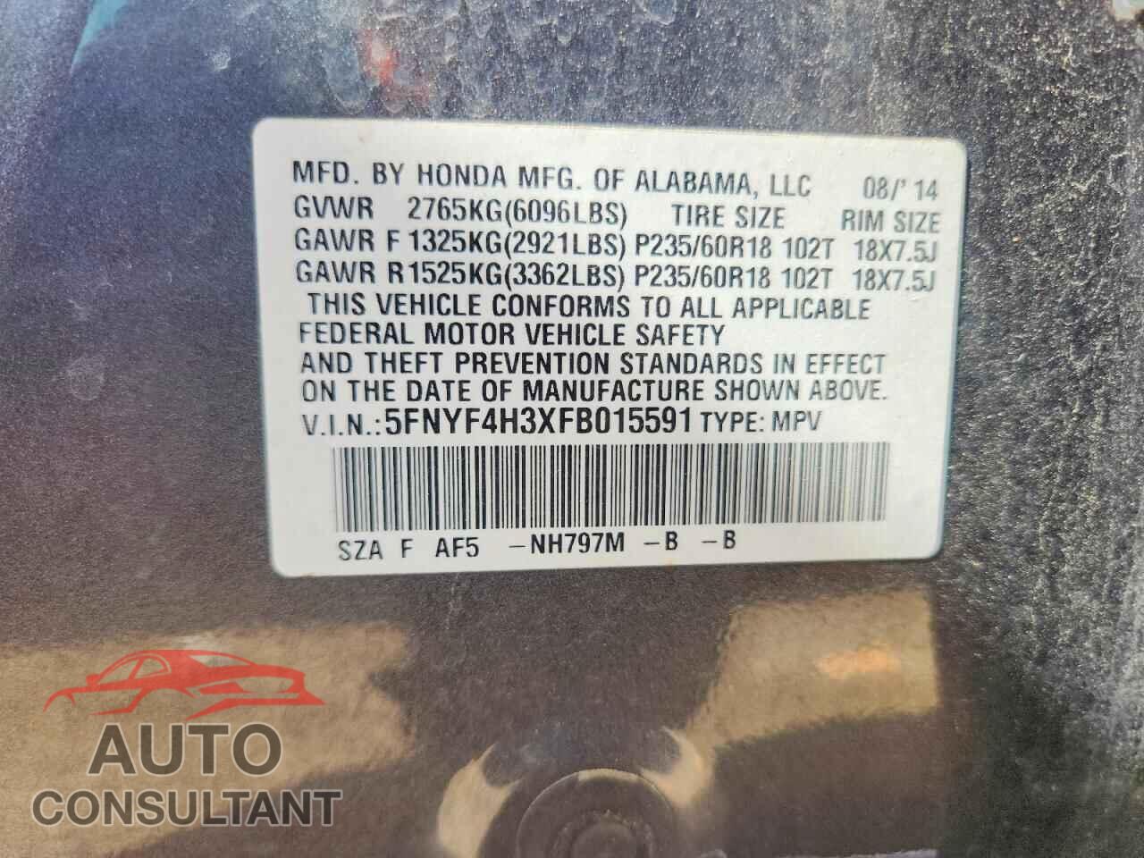 HONDA PILOT 2015 - 5FNYF4H3XFB015591