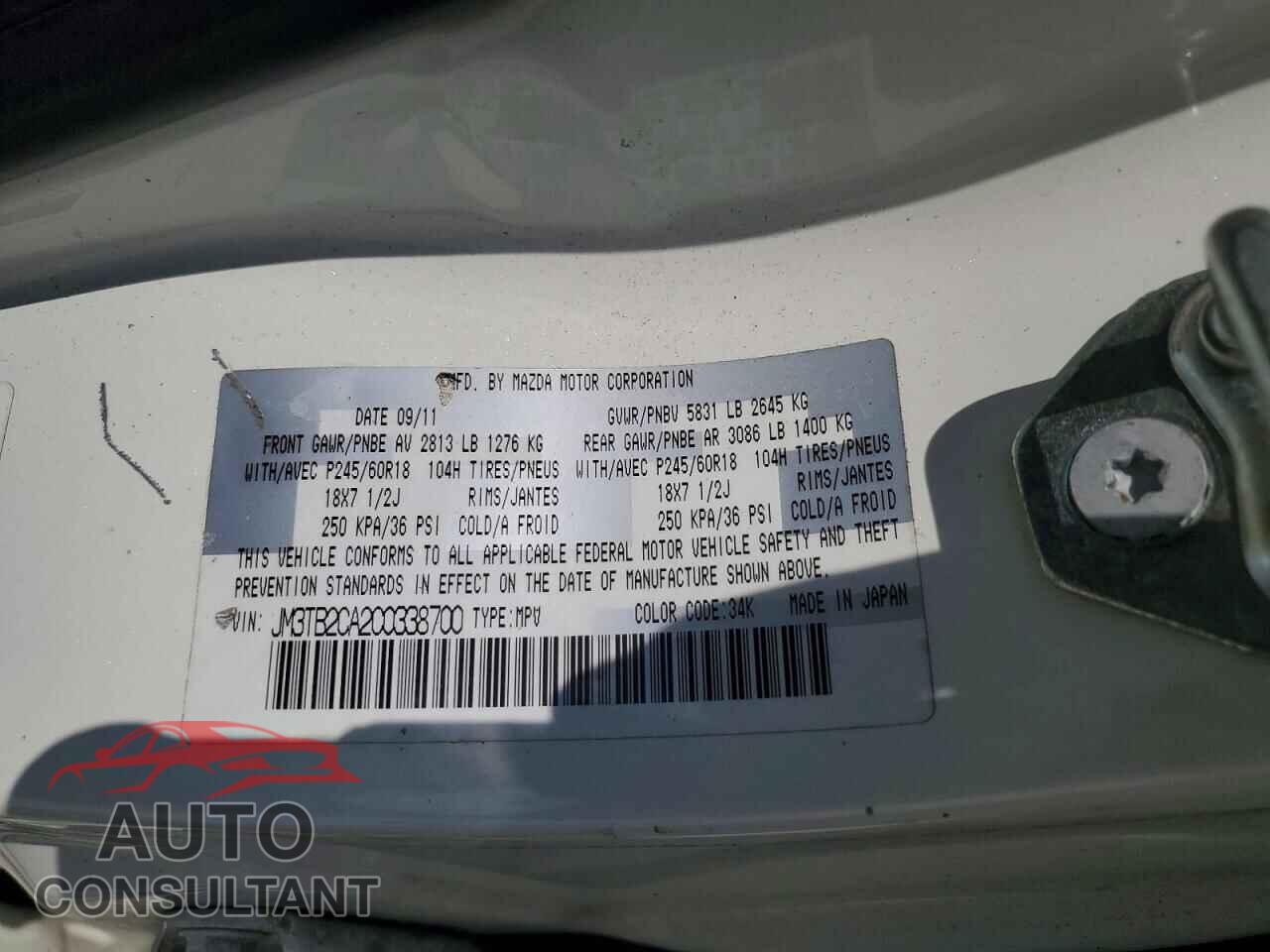 MAZDA ALL MODELS 2012 - JM3TB2CA2C0338700