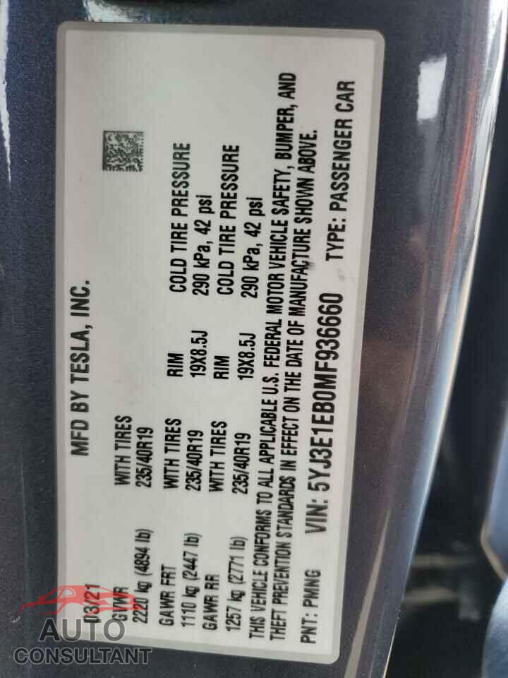 TESLA MODEL 3 2021 - 5YJ3E1EB0MF936660