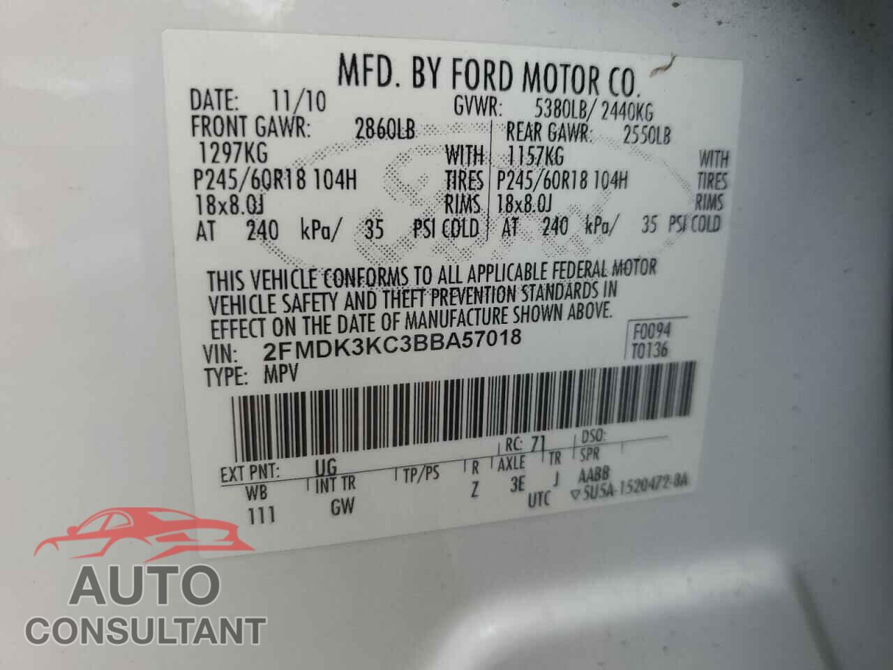 FORD EDGE 2011 - 2FMDK3KC3BBA57018
